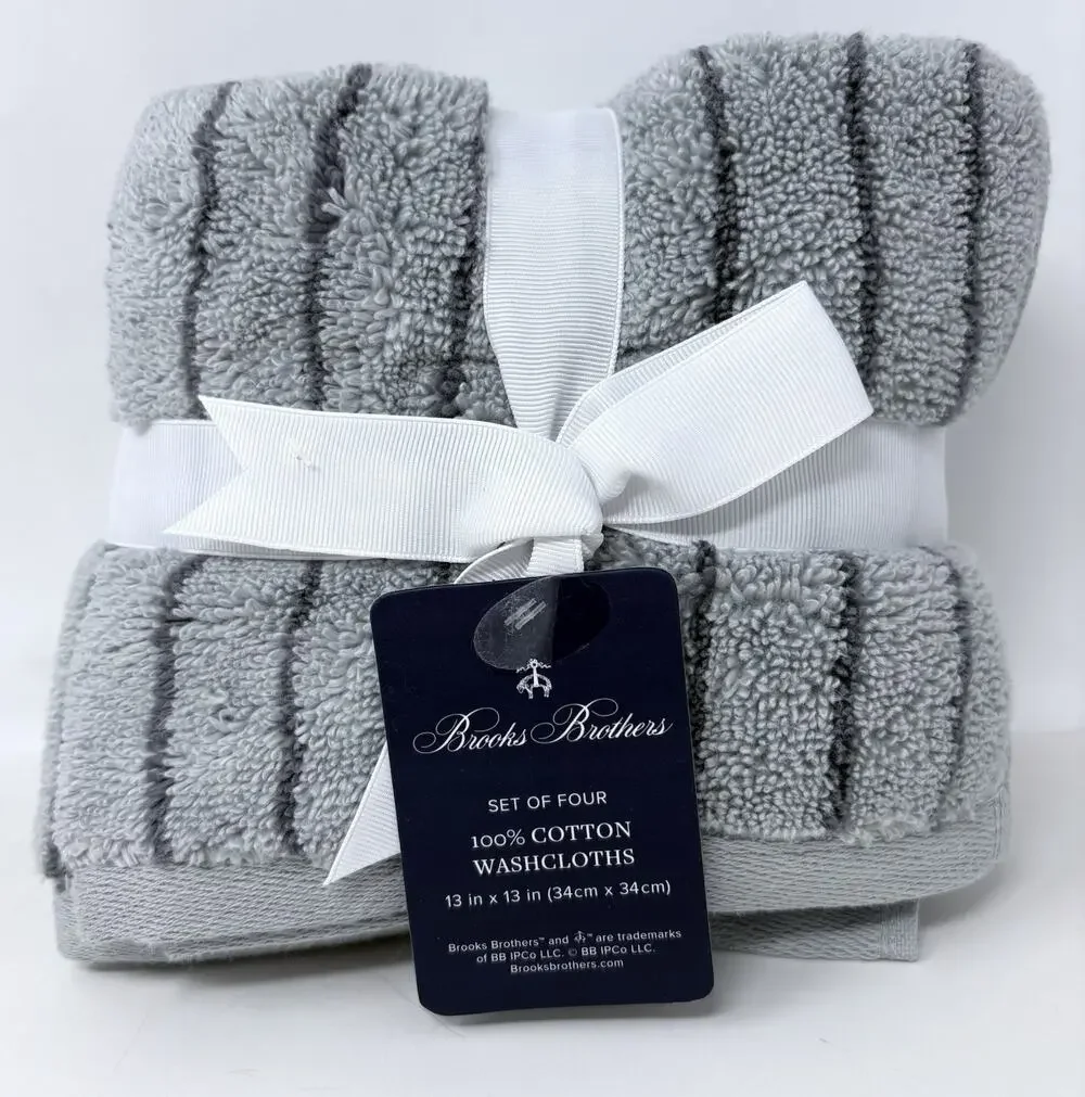 Brooks Brothers Grey Gray Striped Cotton Washcloths 4 Face Cloths 13X13”